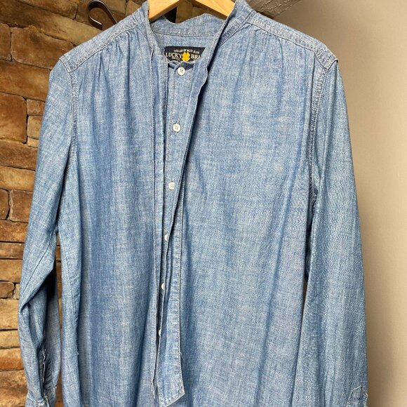 Lucky Brand		Tie Bow collarless Denim Blouse	Large - Picture 5 of 8